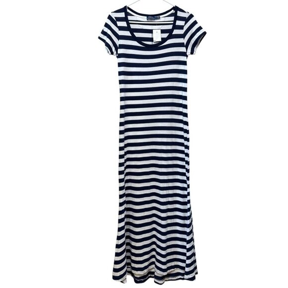 POLO RALPH LAUREN Maxi Tshirt Dress Small Navy Blue Stripe Preppy Nautical NWT - Picture 1 of 12